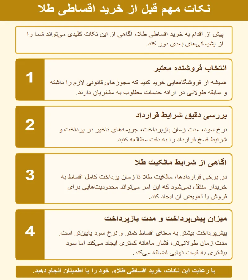 اینفوگرافیک نکات مهم قبل از خرید طلا قسطی